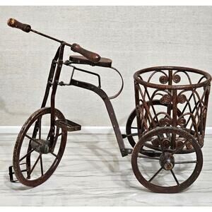 VINTAGE Rattan and Metal Tricycle Home Decor Fold Art Planter w/basket 12" tall